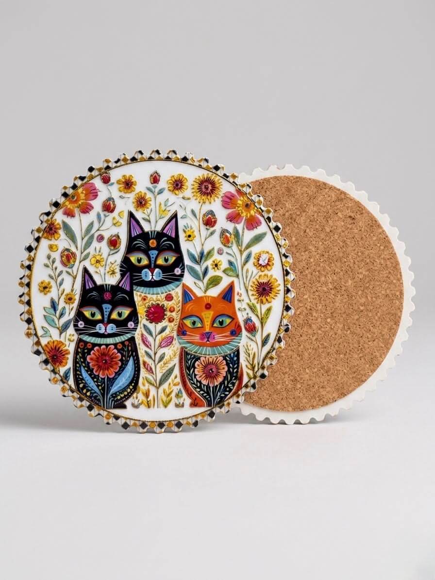 Floral Cat Ceramic Coaster featuring three illustrated cats surrounded by colorful flowers on a cork base.