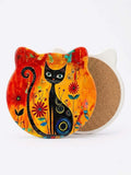 Floral Cat Cork Trivet – Heat resistant kitchen pot stand featuring a colorful black cat and flowers on an orange-red background.