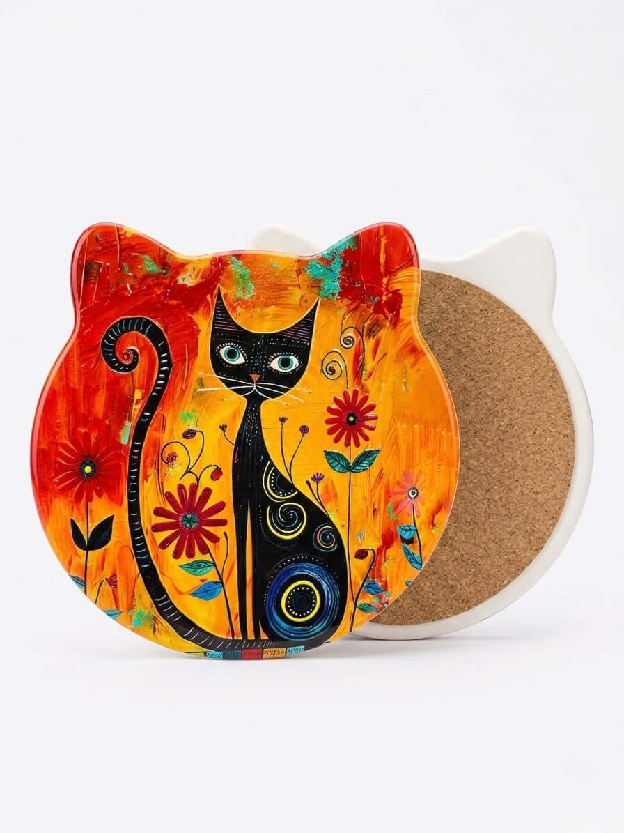 Floral Cat Cork Trivet – Heat resistant kitchen pot stand featuring a colorful black cat and flowers on an orange-red background.