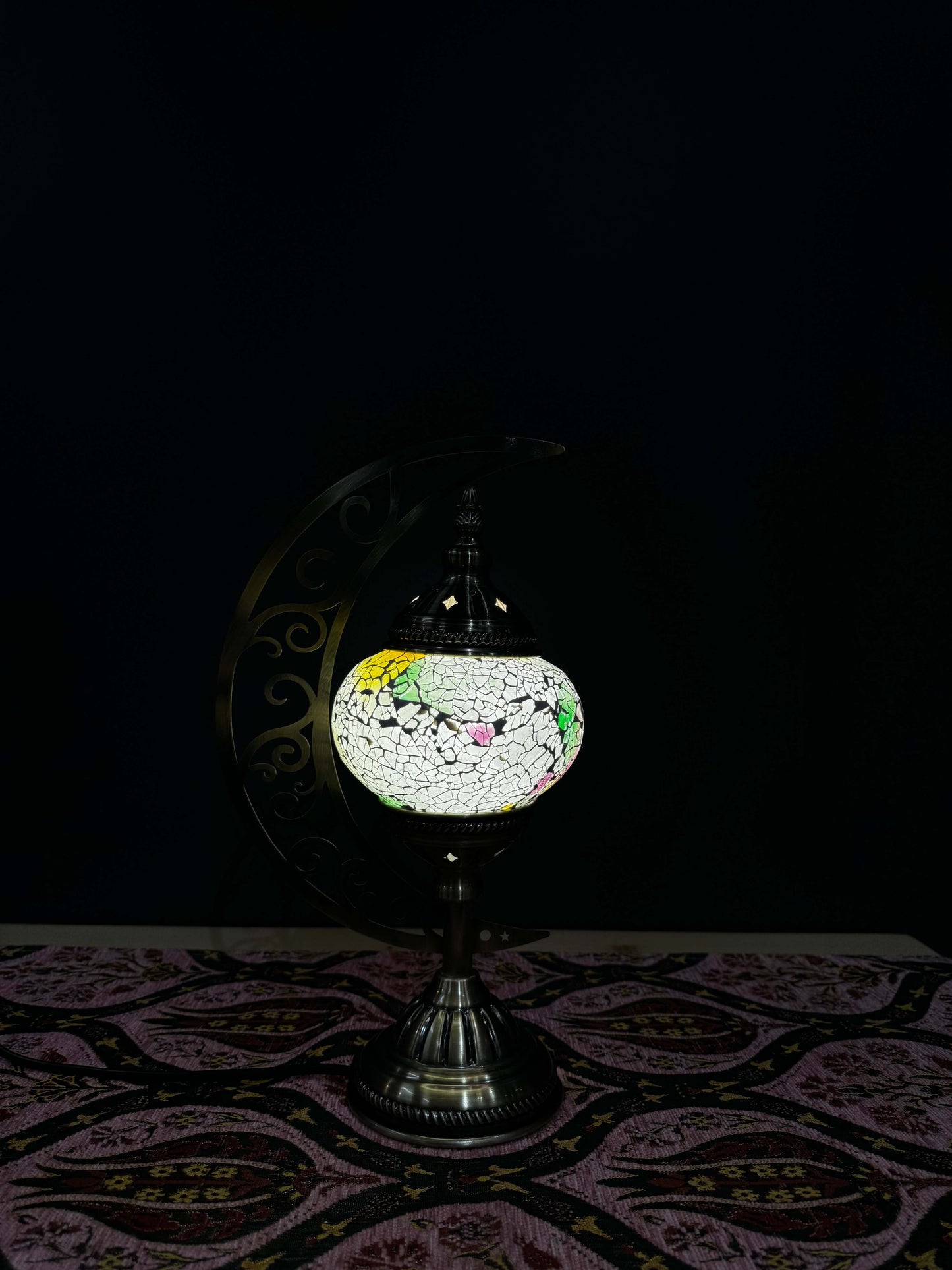 Floral Frost Turkish Mosaic Lamp - Crescent Moon Design-Shop the Floral Frost Turkish Mosaic Lamp! Features white crackled mosaic with pink, yellow, and green floral accents and a crescent moon stand. Includes LED bulb.-Bazaar G Rugs N Gifts