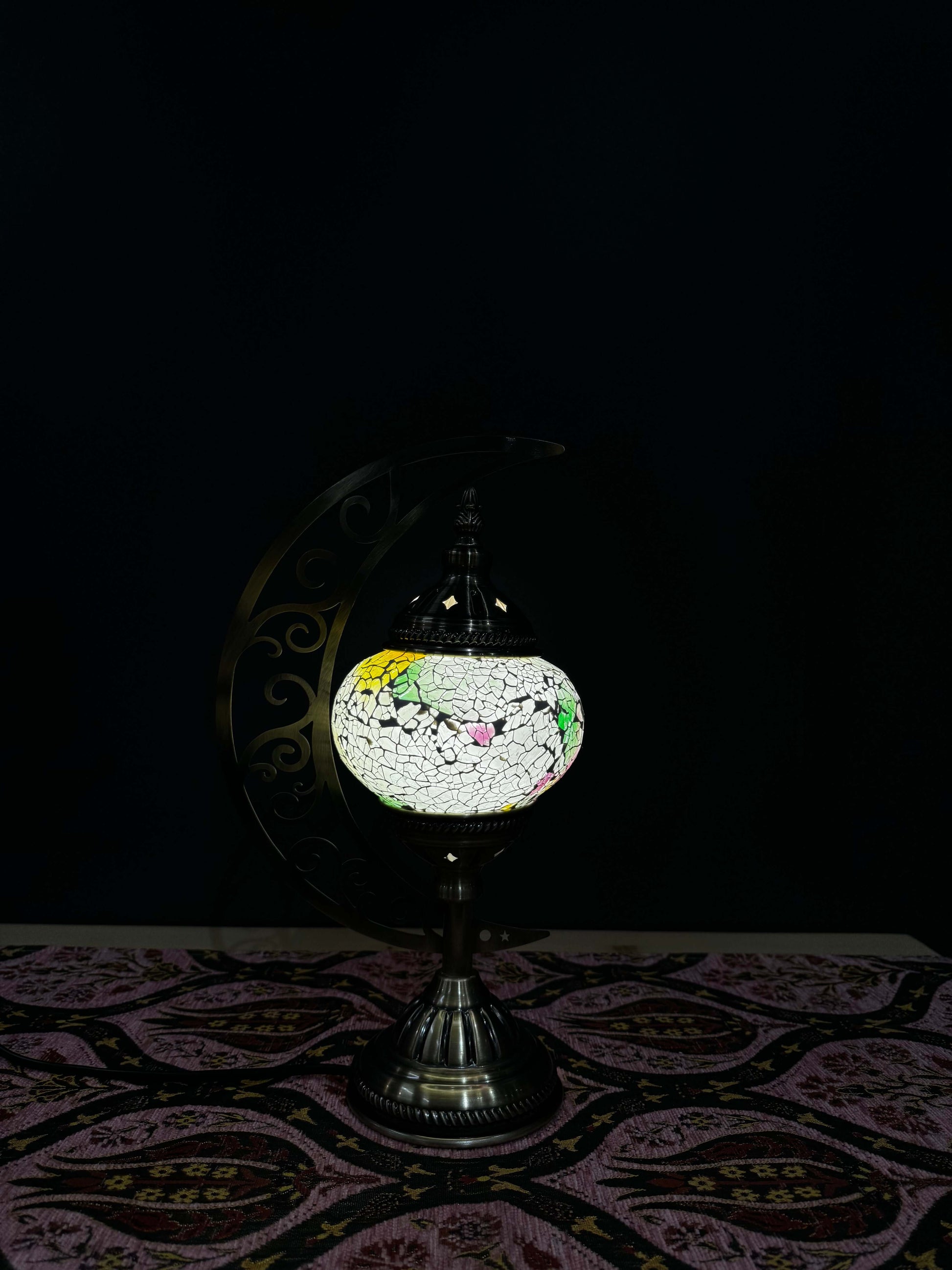 Floral Frost Turkish Mosaic Lamp - Crescent Moon Design-Shop the Floral Frost Turkish Mosaic Lamp! Features white crackled mosaic with pink, yellow, and green floral accents and a crescent moon stand. Includes LED bulb.-Bazaar G Rugs N Gifts