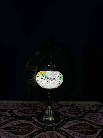 Floral Frost Turkish Mosaic Lamp - Crescent Moon Design-Shop the Floral Frost Turkish Mosaic Lamp! Features white crackled mosaic with pink, yellow, and green floral accents and a crescent moon stand. Includes LED bulb.-Bazaar G Rugs N Gifts