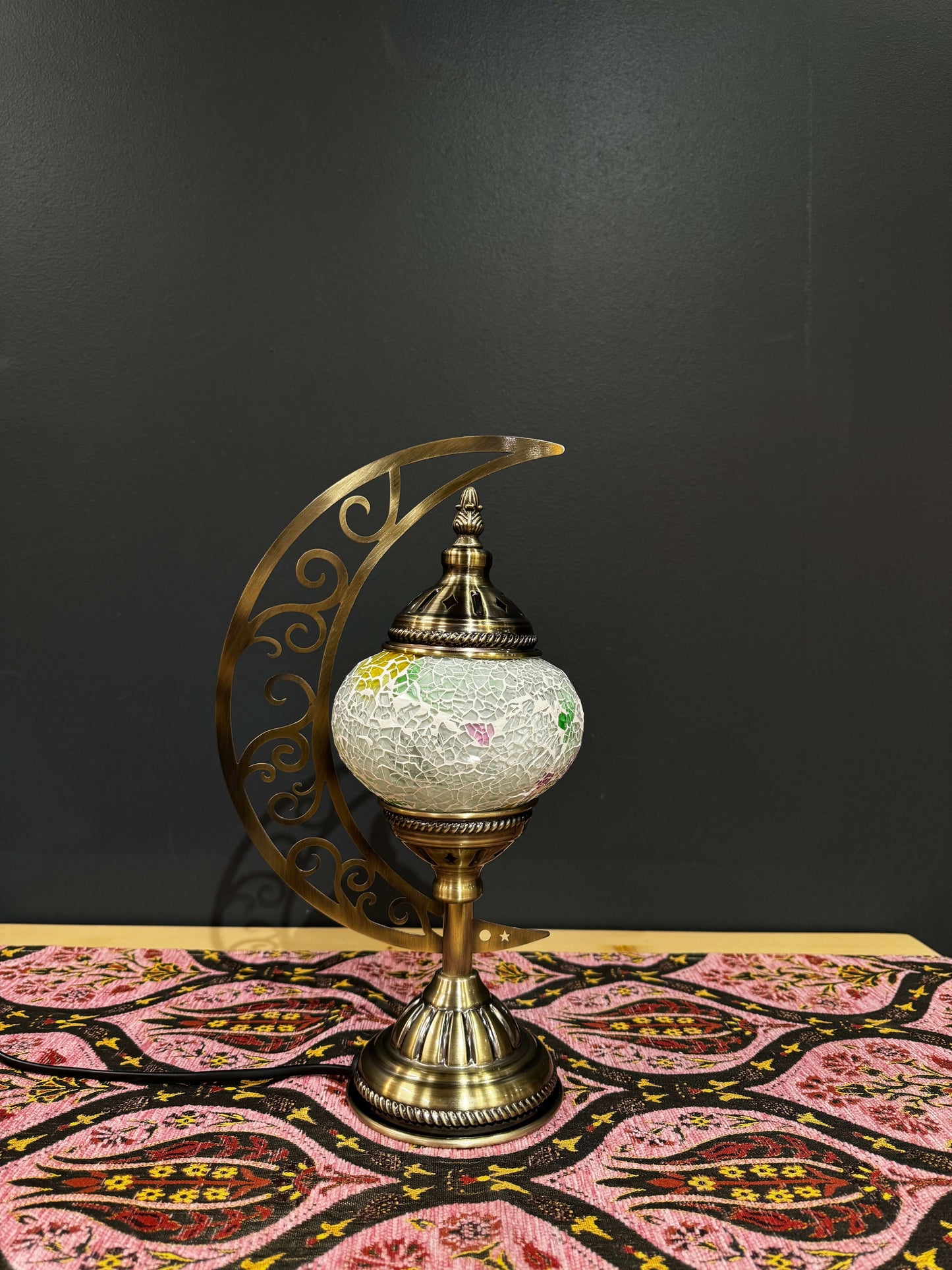 Floral Frost Turkish Mosaic Lamp - Crescent Moon Design-Shop the Floral Frost Turkish Mosaic Lamp! Features white crackled mosaic with pink, yellow, and green floral accents and a crescent moon stand. Includes LED bulb.-Bazaar G Rugs N Gifts