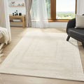 Fortune 771 Cream area rug placed in a bright, minimalist living room with wooden accents.