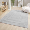 Minimalist grey area rug displayed in a modern living room with soothing decor and natural light.