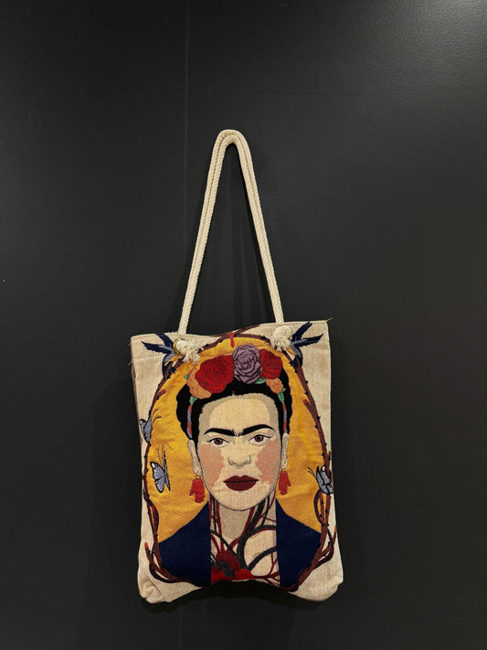 Frida Elegance Tote Bag-Add color to your day with the Frida Elegance Tote Bag! This vibrant, artistic tote inspired by Frida Kahlo is perfect for carrying essentials with style.-Bazaar G Rugs N Gifts