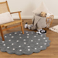 Mellow Grey Round Scalloped Kids Rug styled with furniture