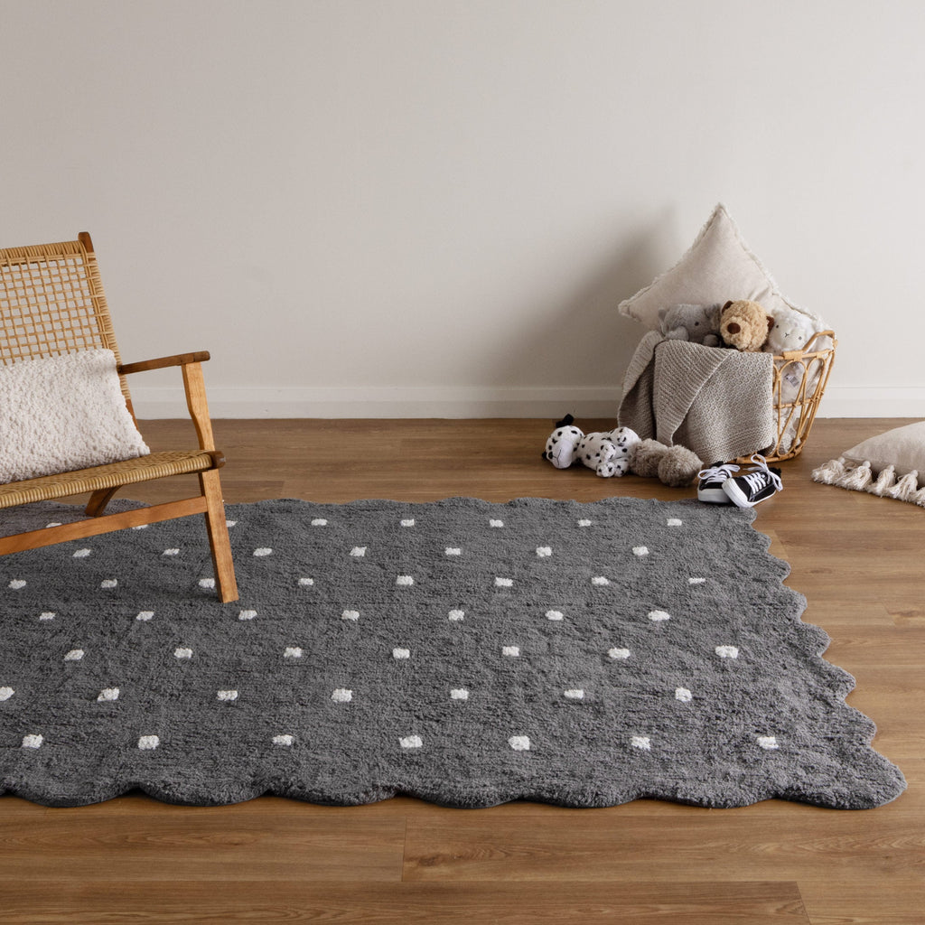 Mellow Rectangle Scalloped Kids Rug Grey styled with furniture