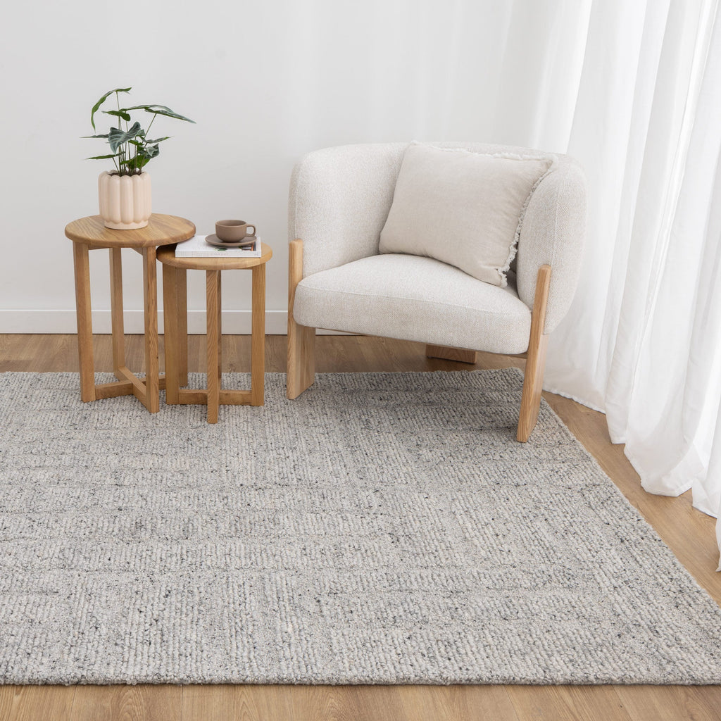 Seren Grey Modern Wool Rug styled with furniture