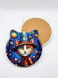 Galaxy Cat Cork Trivet featuring a cosmic cat design, vibrant colors, and heat-resistant functionality.