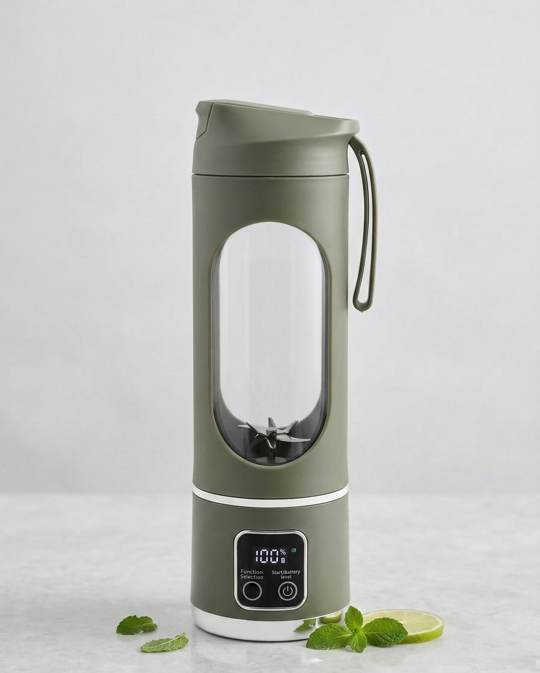 Portable Juicing Cup HS-860 – Rechargeable personal blender in green with digital display and lime on the side.