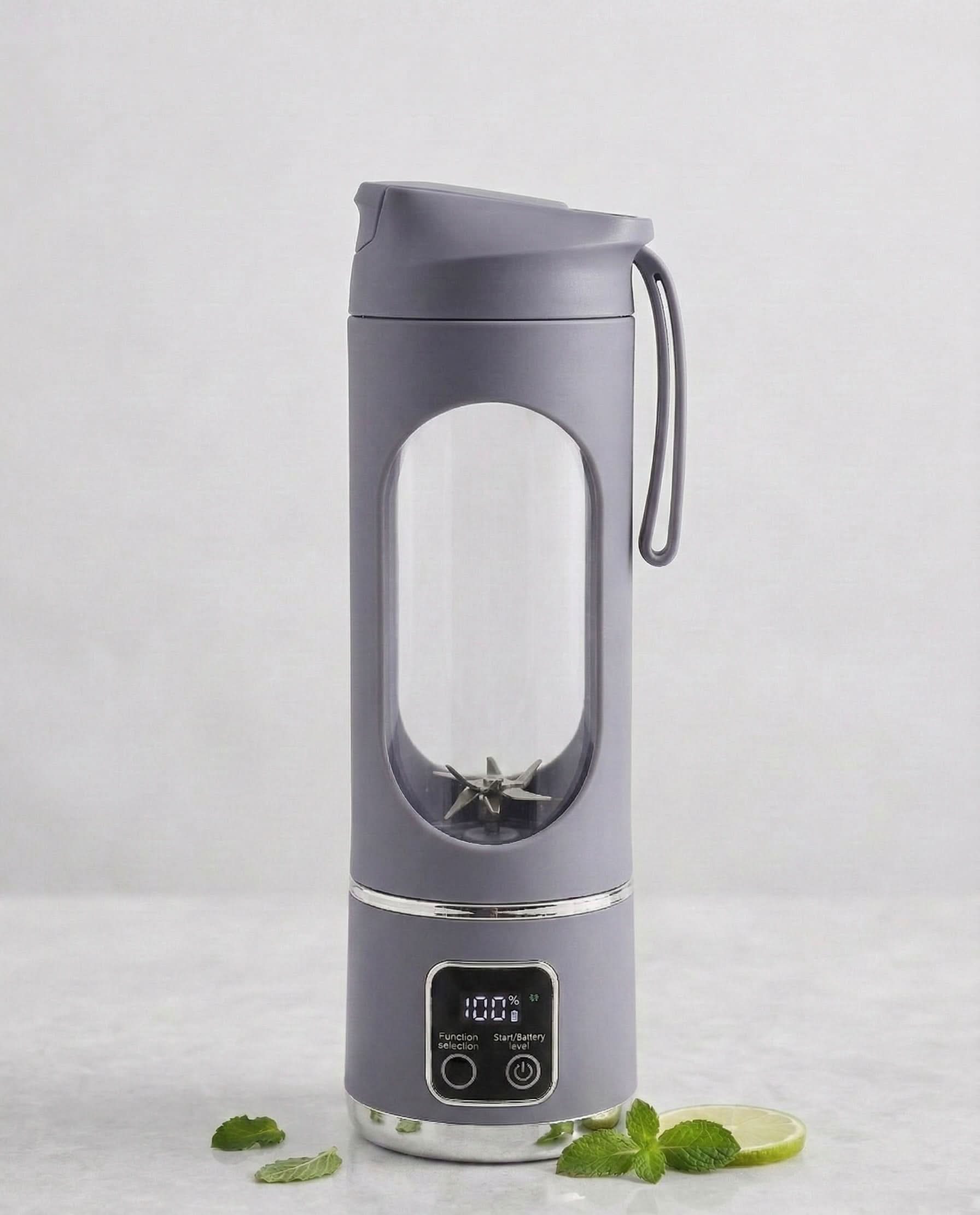 Portable Juicing Cup HS-860 – Rechargeable personal blender in gray color with display and lid.