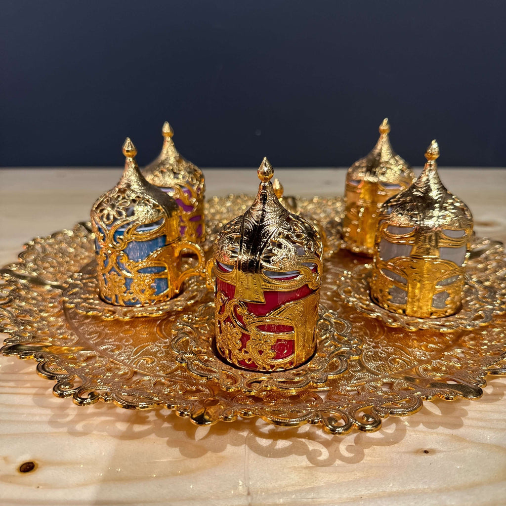 Gold Ottoman-Style Coffee Cup Set displayed on ornate tray with colorful ornate cups.