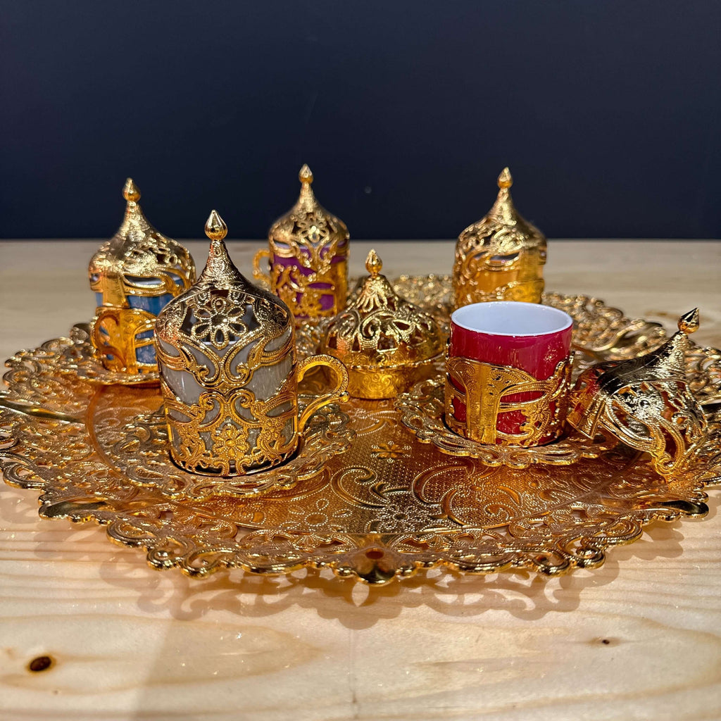 Gold Ottoman-Style Coffee Cup Set displayed on ornate tray with detailed cups and lids in vibrant colors.
