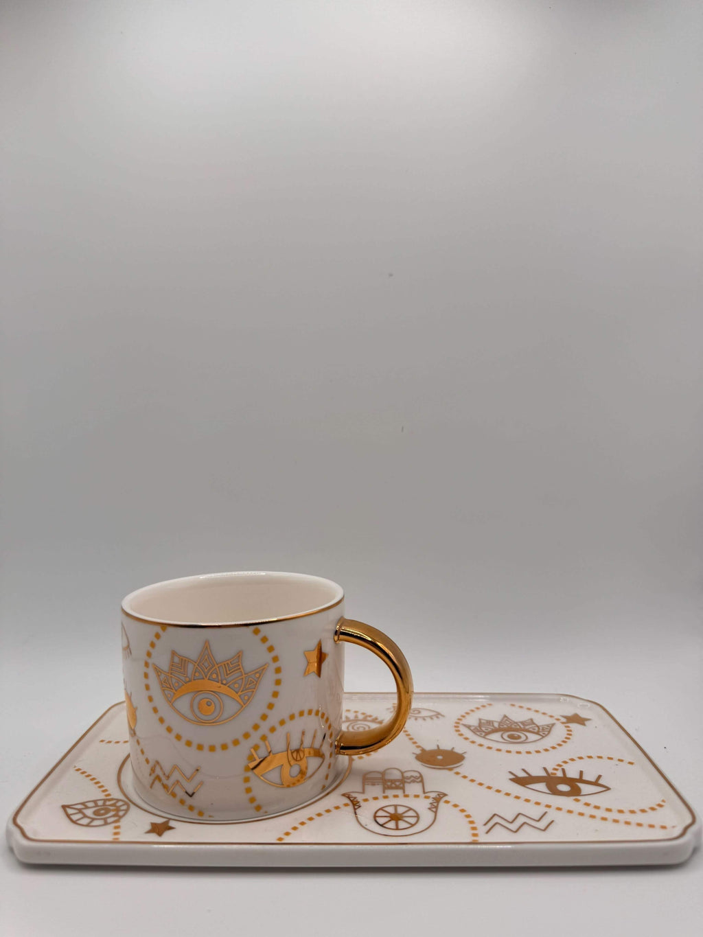 Golden Evil Eye Mug with Tray – Turkish Coffee & Tea Cup with Luxury Gold Handle