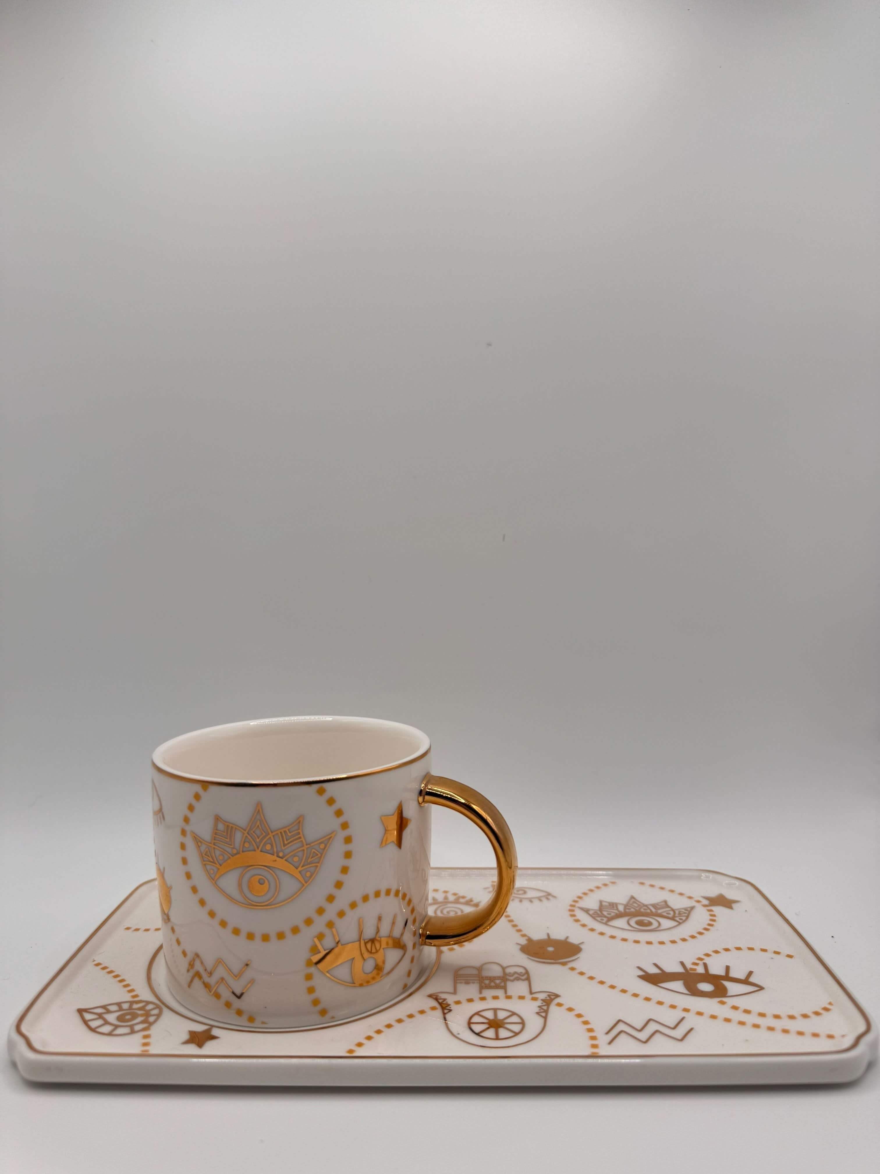 Golden Evil Eye Mug with Tray – Turkish Coffee & Tea Cup with Luxury Gold Handle