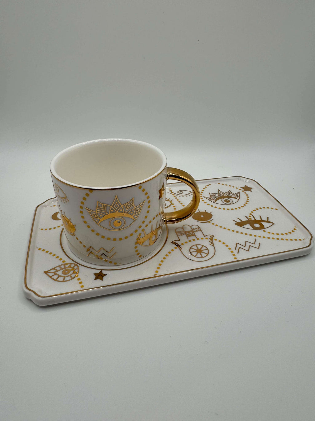 Golden Evil Eye Mug with Tray – Turkish Coffee & Tea Cup with Luxury Gold Handle