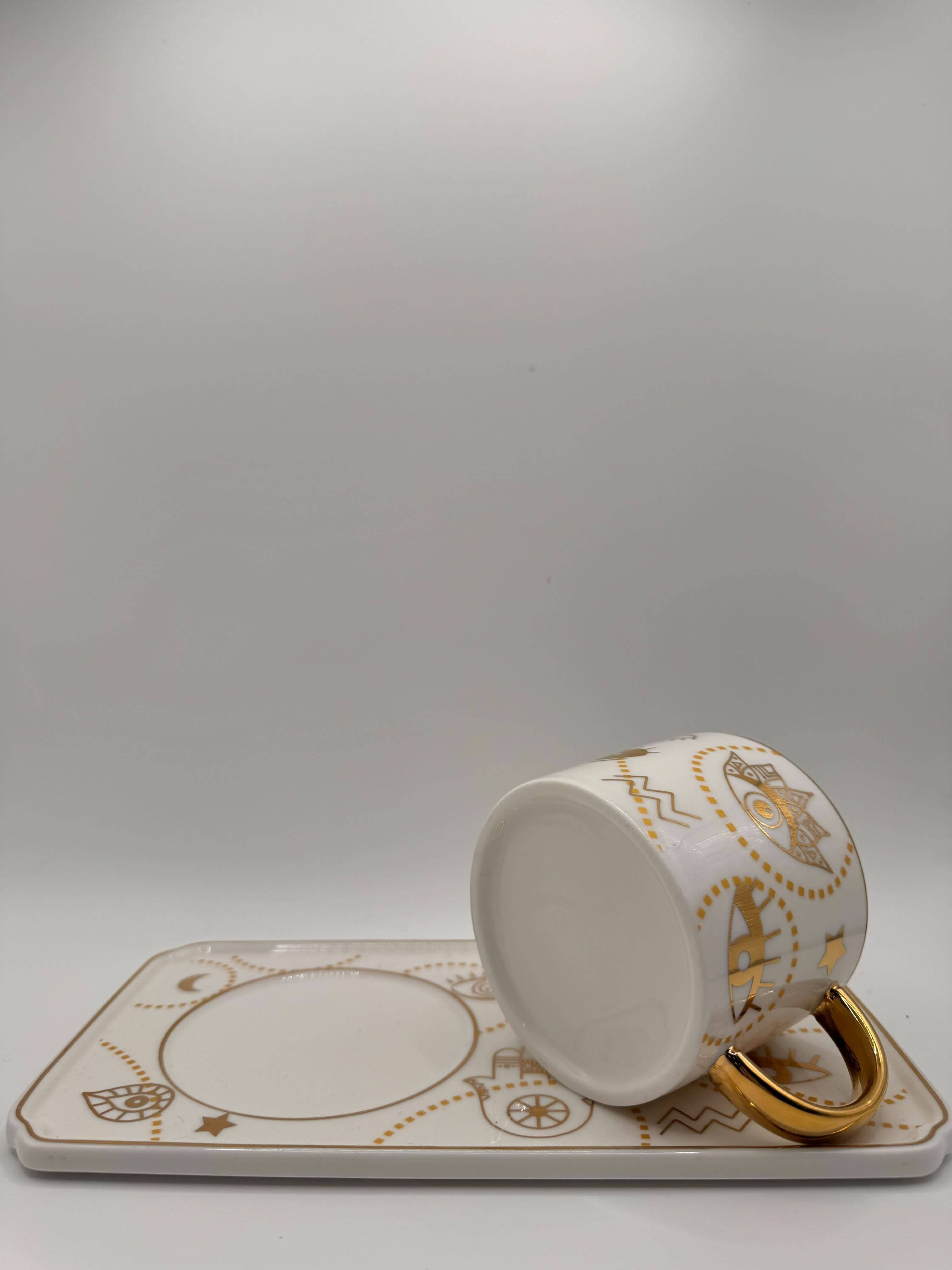 Golden Evil Eye Mug with Tray – Turkish Coffee & Tea Cup with Luxury Gold Handle