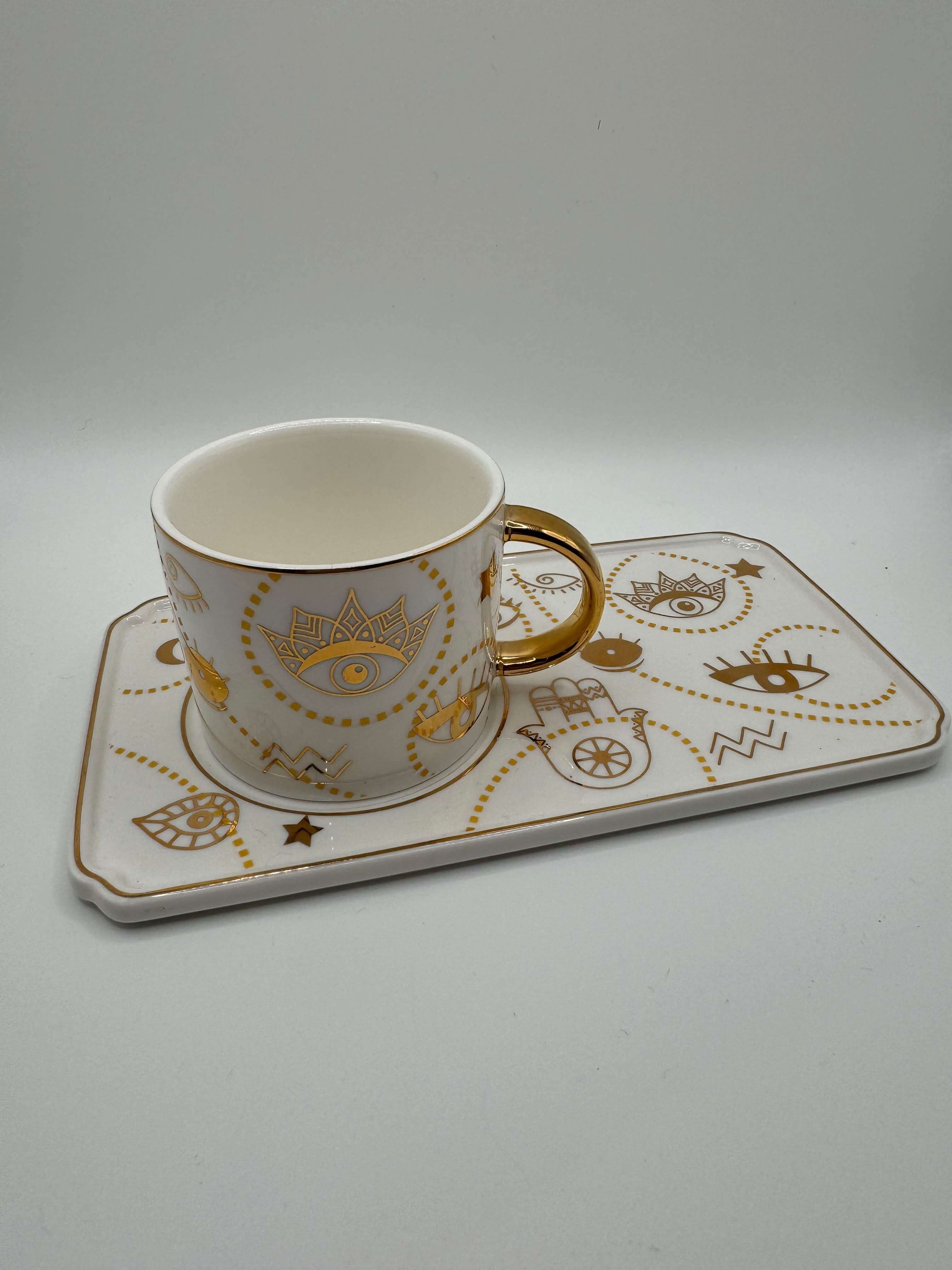 Golden Evil Eye Mug with Tray – Turkish Coffee & Tea Cup with Luxury Gold Handle