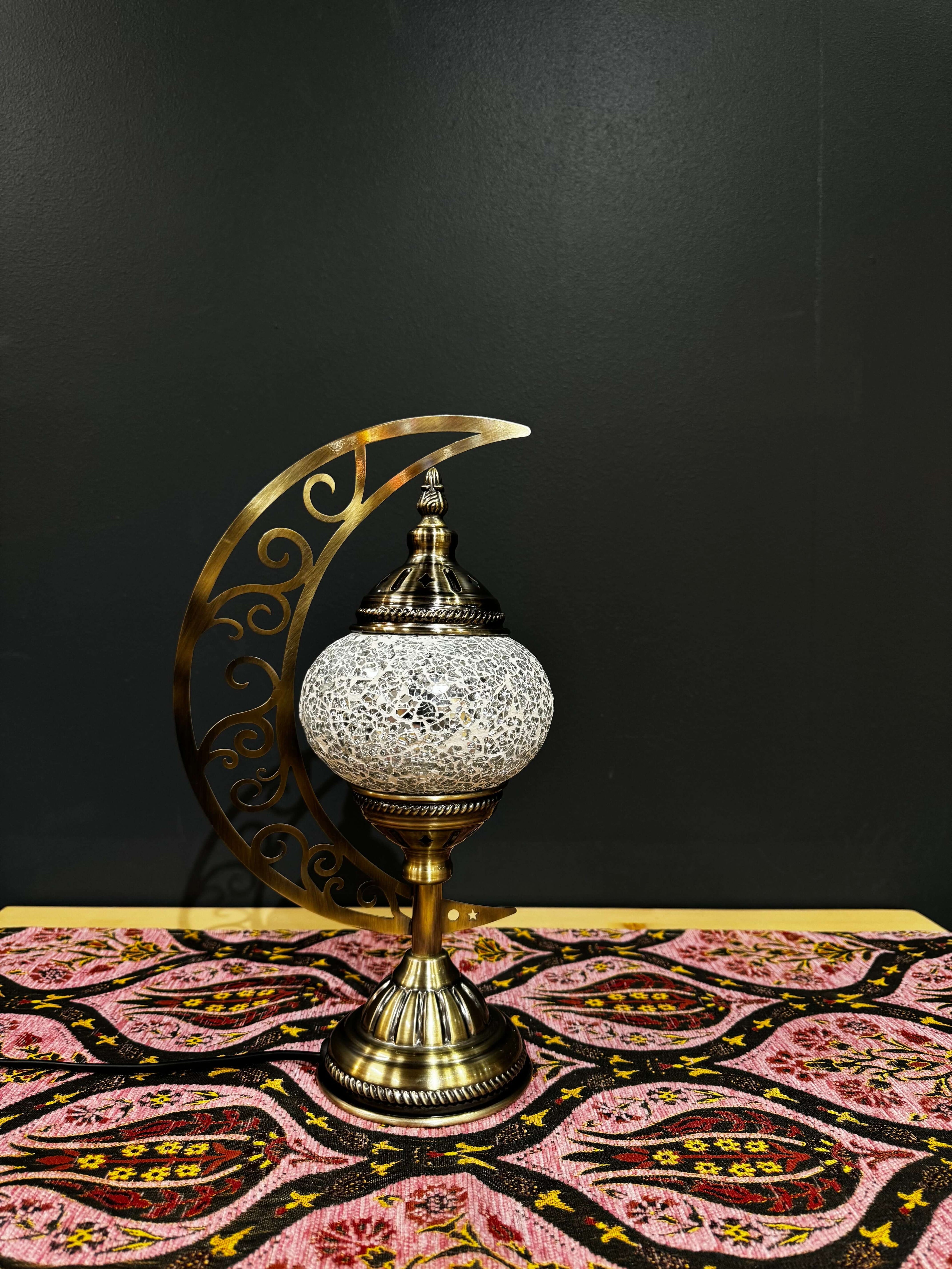 Golden Glow White Turkish Mosaic Lamp - Crescent Moon Design