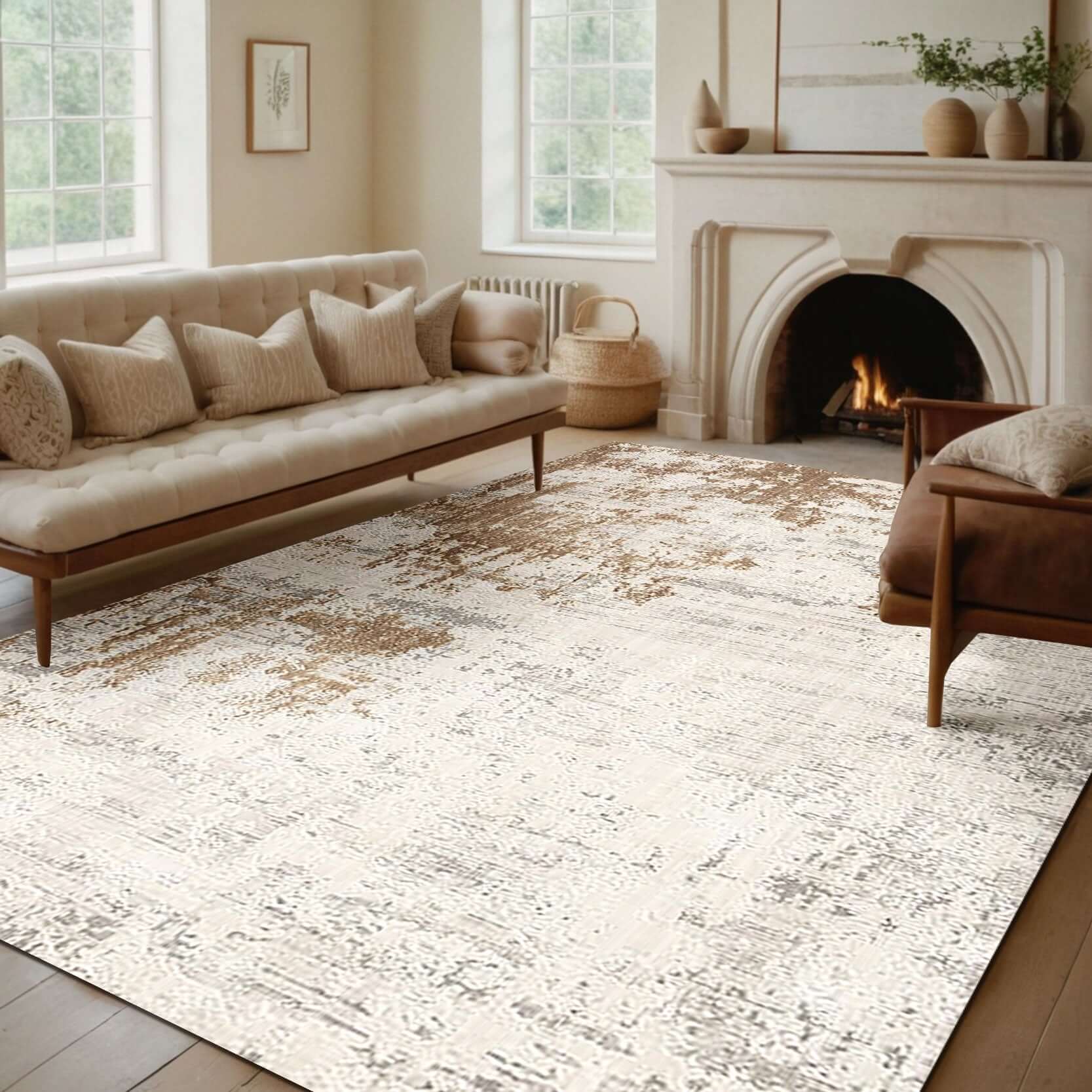 Golden Sand Distressed Rug – Elegant Beige & Gold Tones