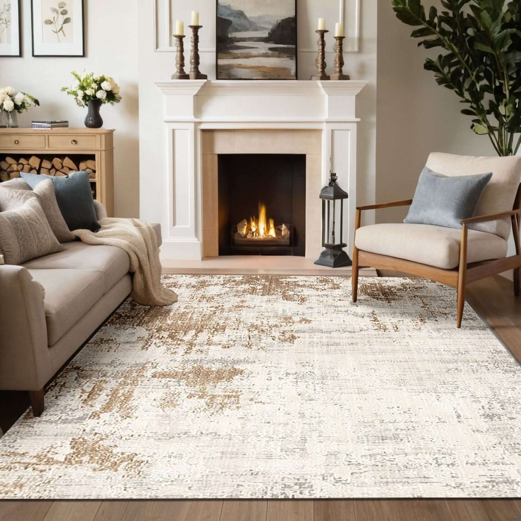 Golden Sand Distressed Rug – Elegant Beige & Gold Tones