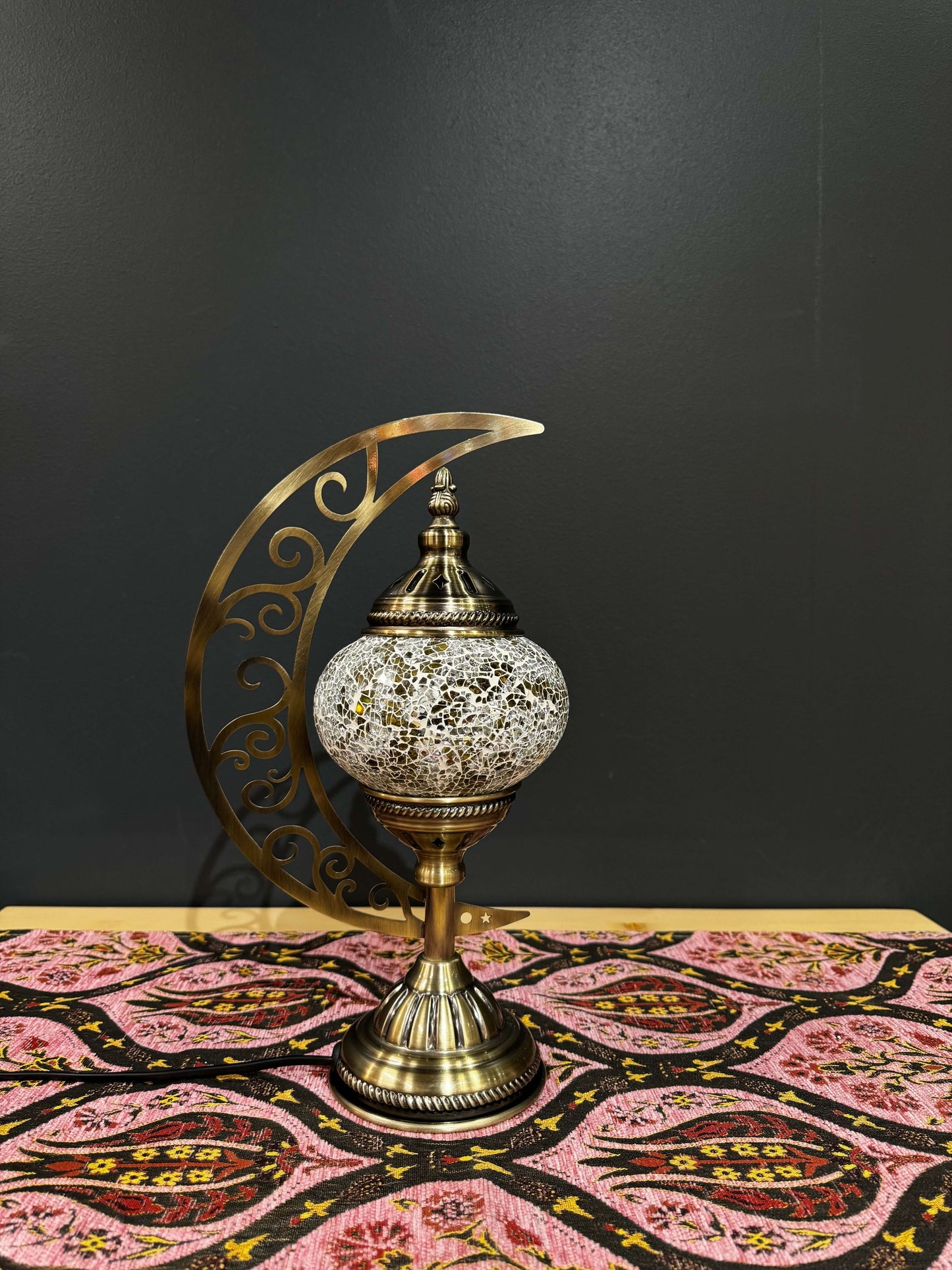 Golden Twilight Turkish Mosaic Lamp - Crescent Moon Design-Shop the Golden Twilight Turkish Mosaic Lamp! Features warm golden crackled mosaic glass with a crescent moon stand. Includes LED bulb. Perfect for decor or gifting.-Bazaar G Rugs N Gifts