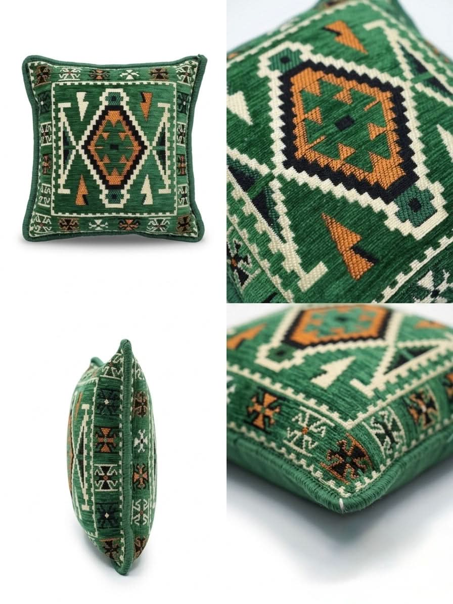 Green kilim cushion - 40x40cm Serenity with intricate patterns and rich colors for stylish home decor.
