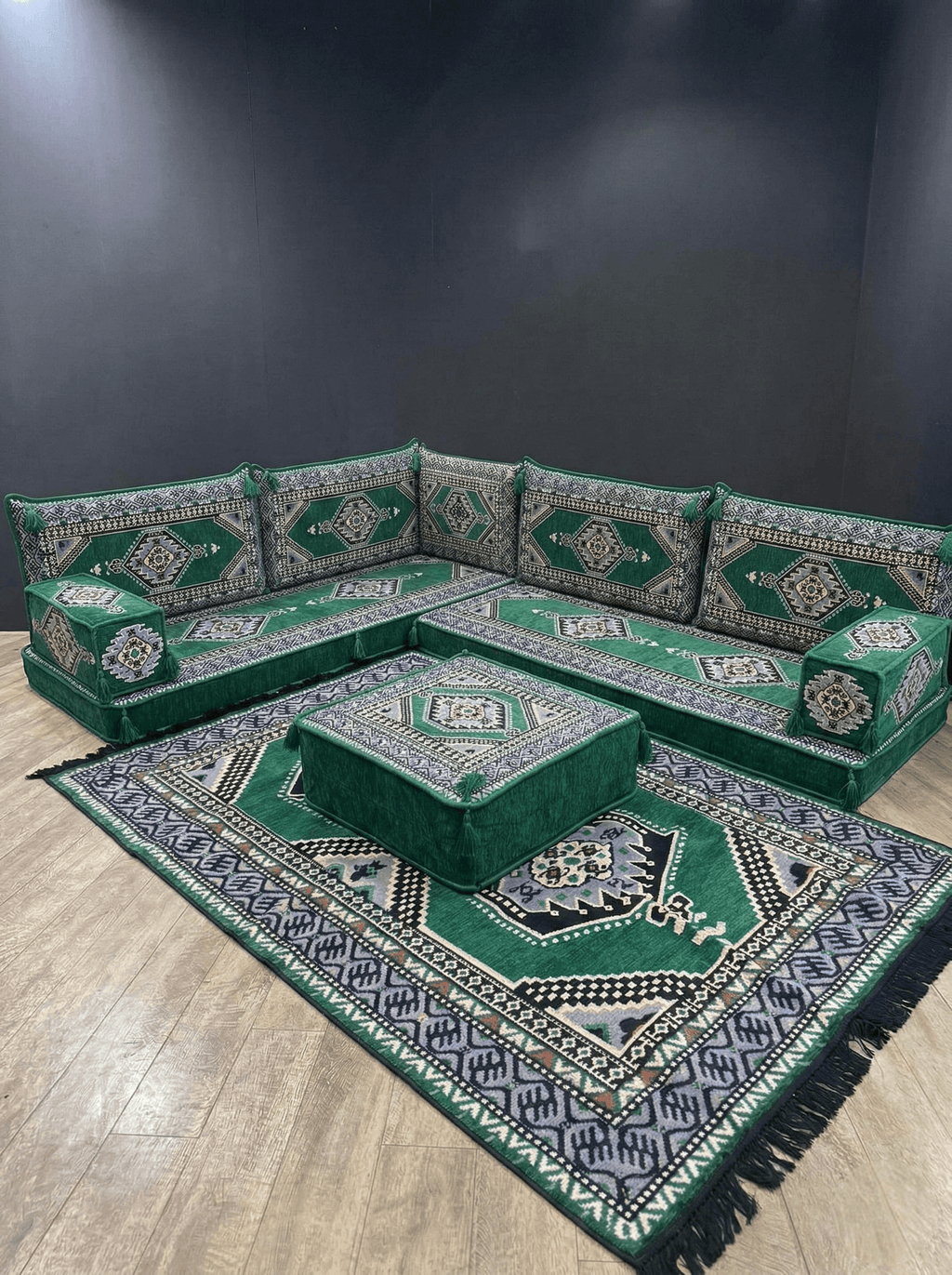 Green Palace L-Shape Full Set Elegant Arabian Majlis Seating