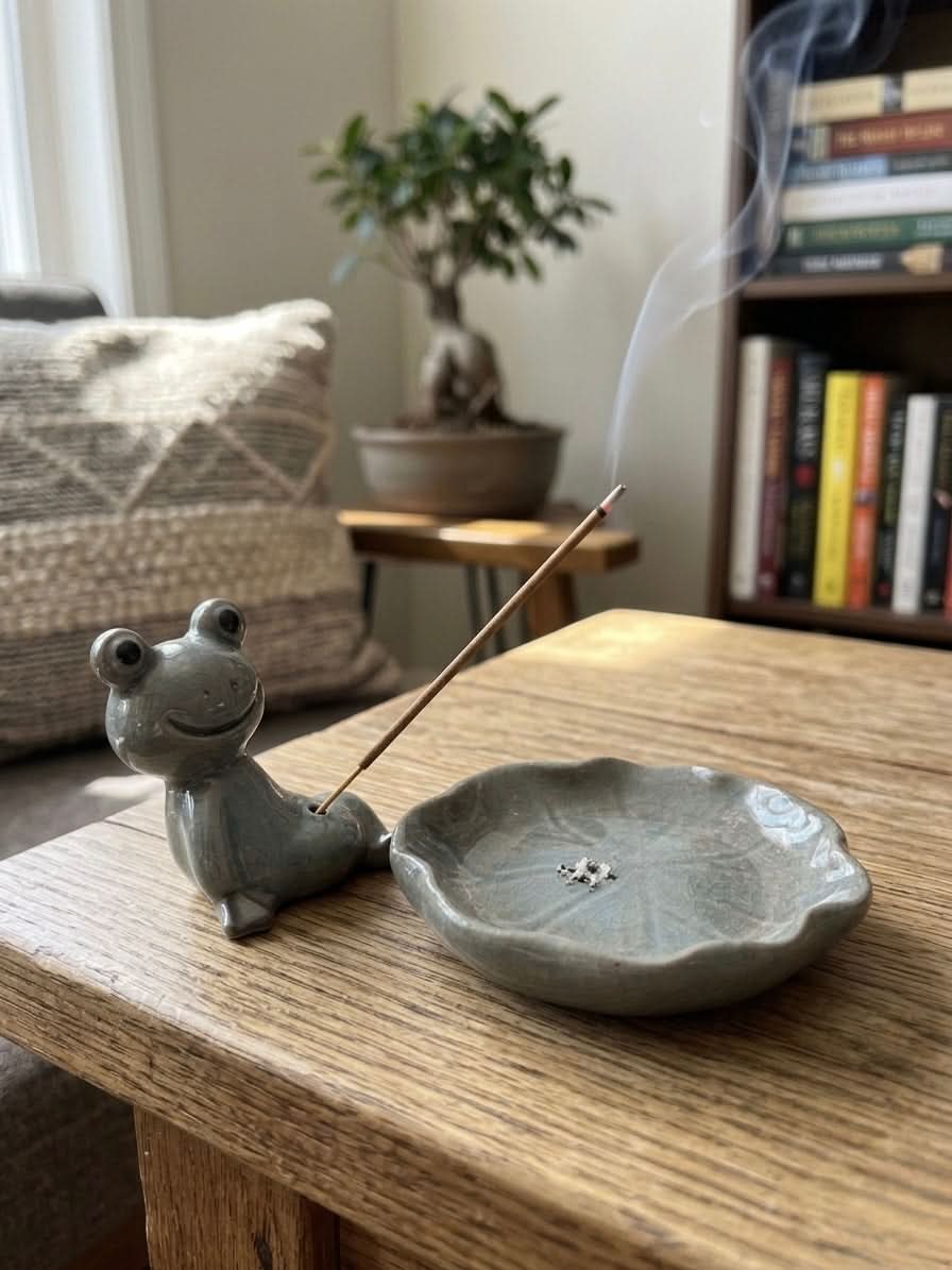 Grey Frog Incense Stick Holder with Bowl displaying smoke and flower-shaped bowl on a wooden table.