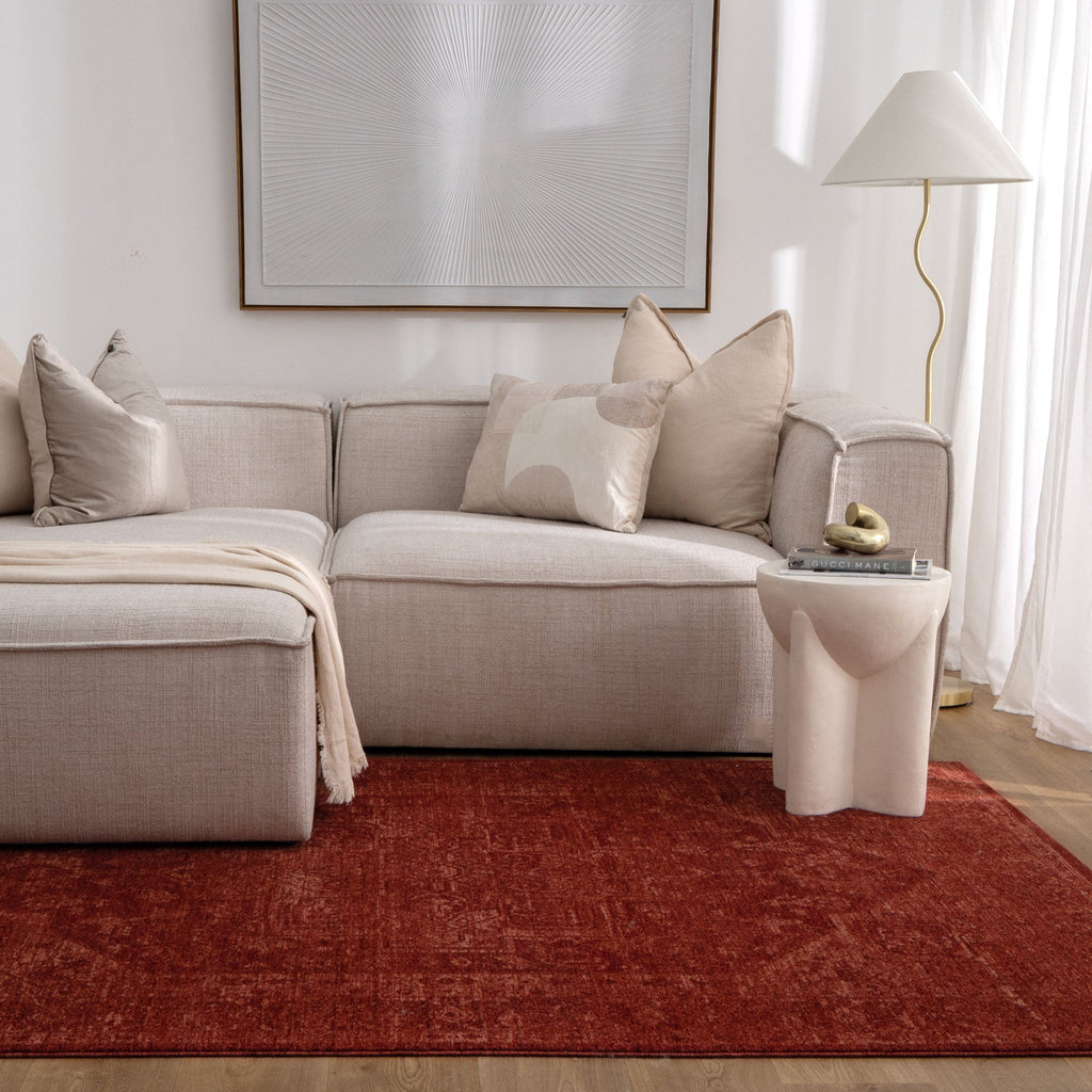 Heritage H101 Rust Distressed Medallion Rug styled with furniture