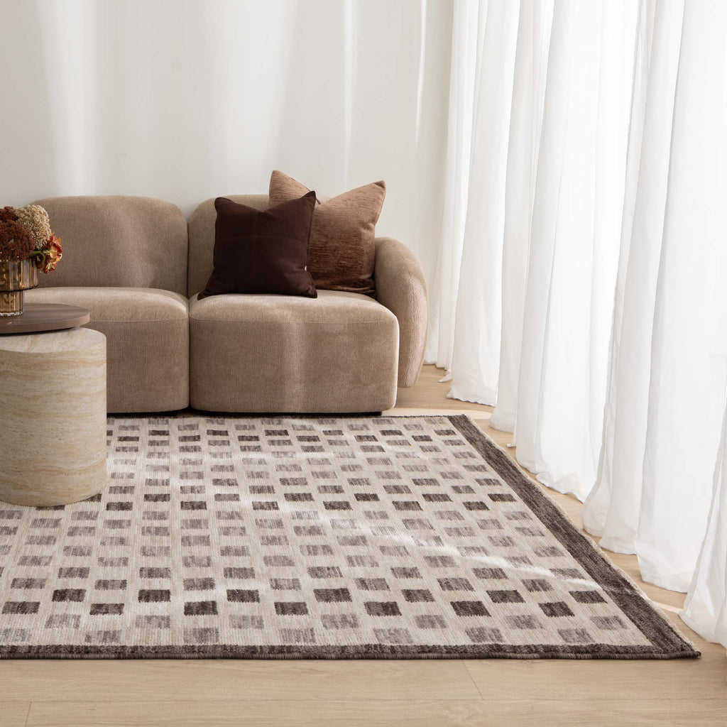 Horizon H102 Ivory Grey Checkered Rug styled with furniture