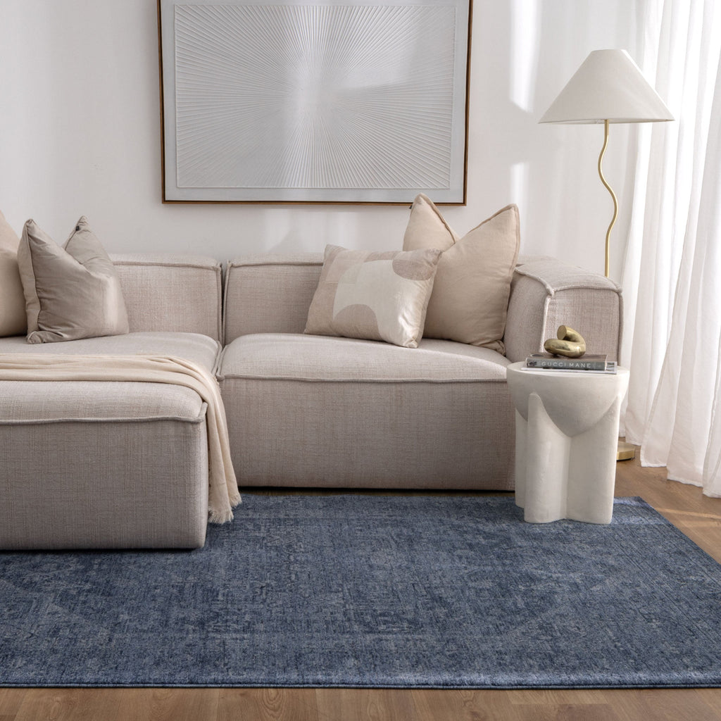 Heritage H104 Blue Distressed Medallion Rug styled with furniture