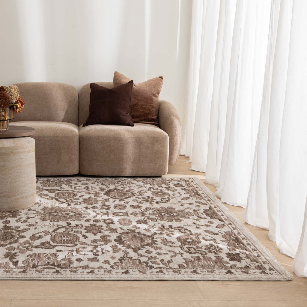 Horizon H107 Ivory Brown Traditional Rug styled with furniture