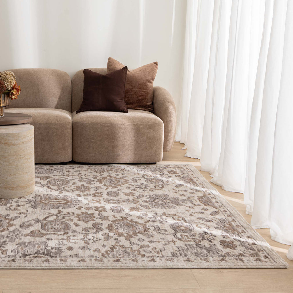 Horizon H108 Grey Beige Traditional Rug styled with furniture