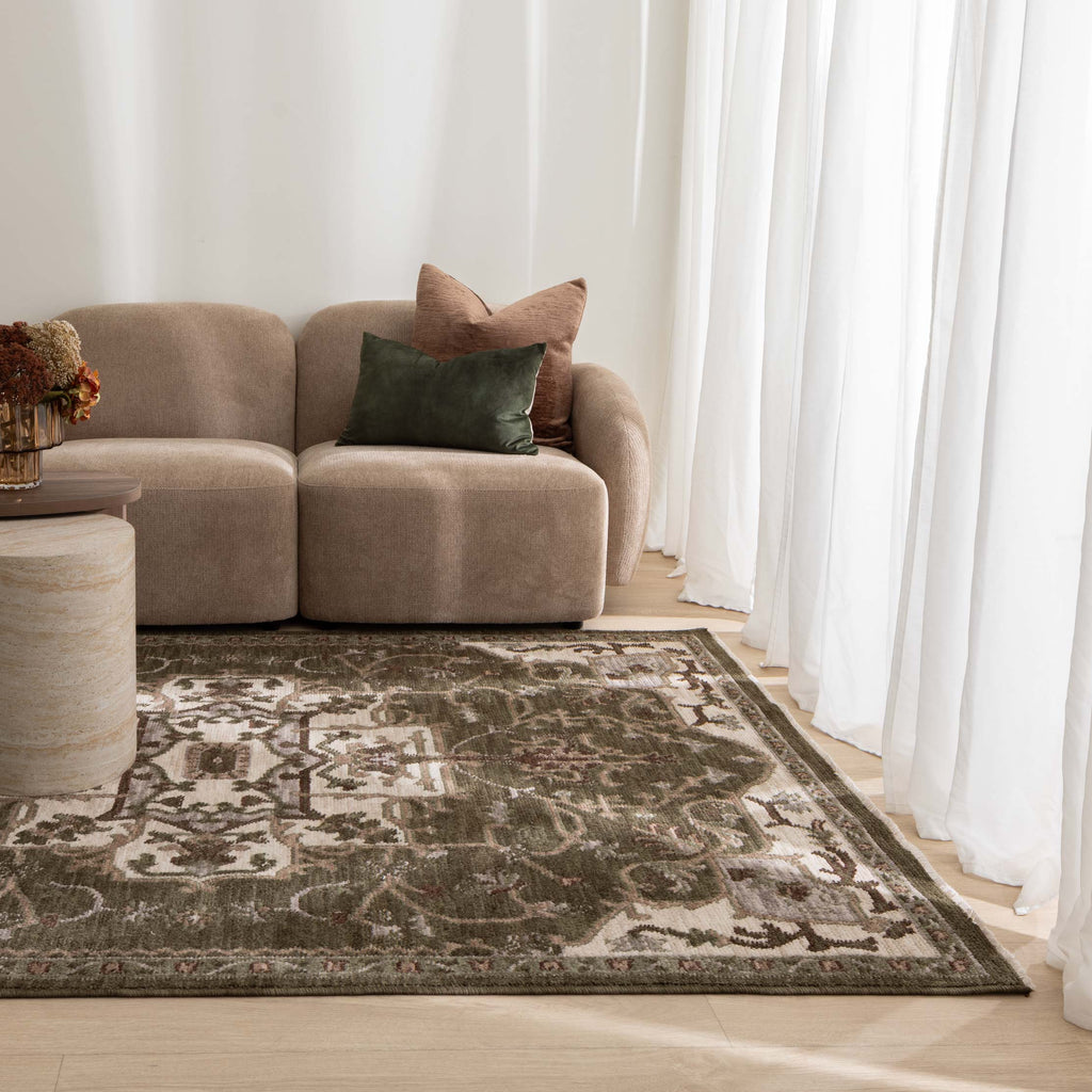 Horizon H116 Olive Green Medallion Rug styled with furniture