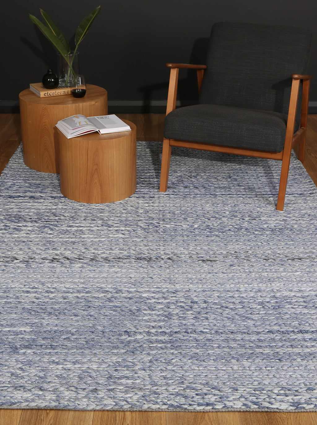 Harlow Cue Blue Wool Blend Rug styled with furniture