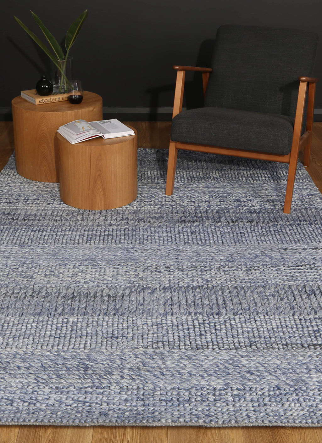 Harlow Grace Blue Wool Blend Rug styled with furniture