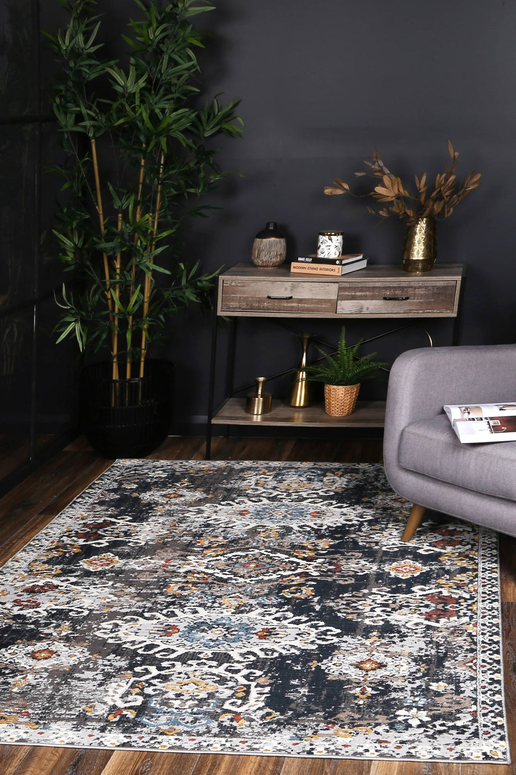 Havana Miramar Contemporary Charcoal & Blue Rug -01 styled with furniture