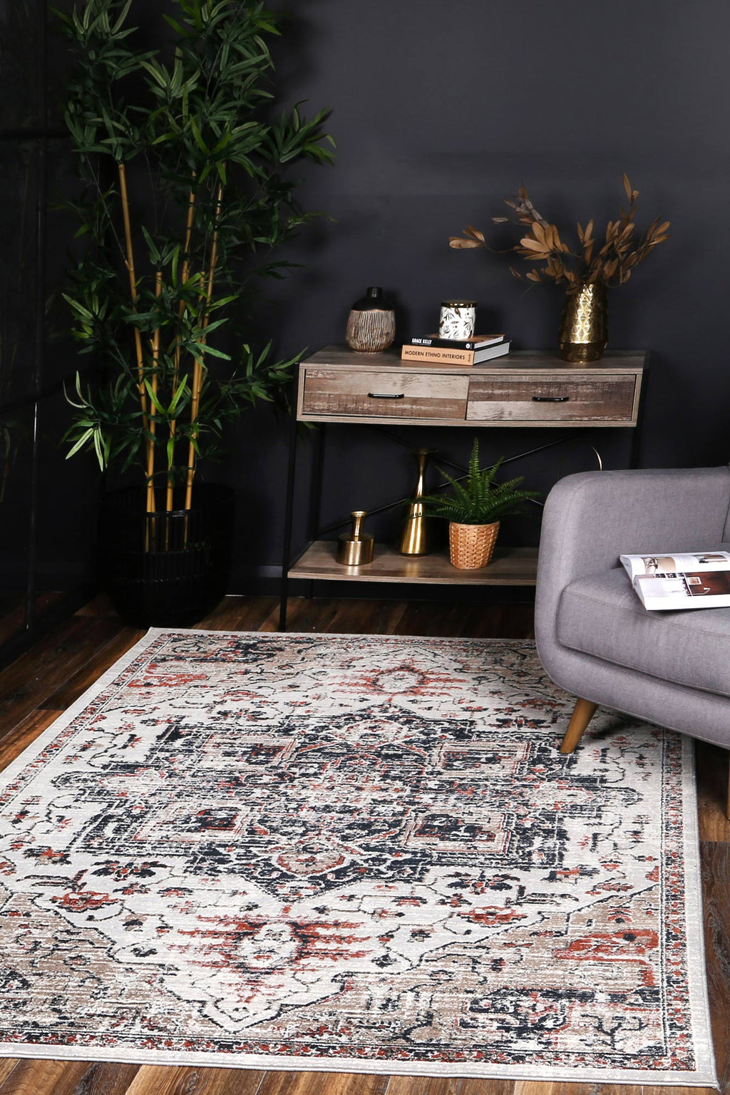 Havana Abajo Contemporary Grey & Blue Rug -02 styled with furniture