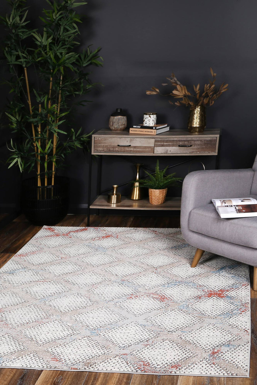 Havana Corralillo Contemporary Cream & Gold Rug -06 styled with furniture