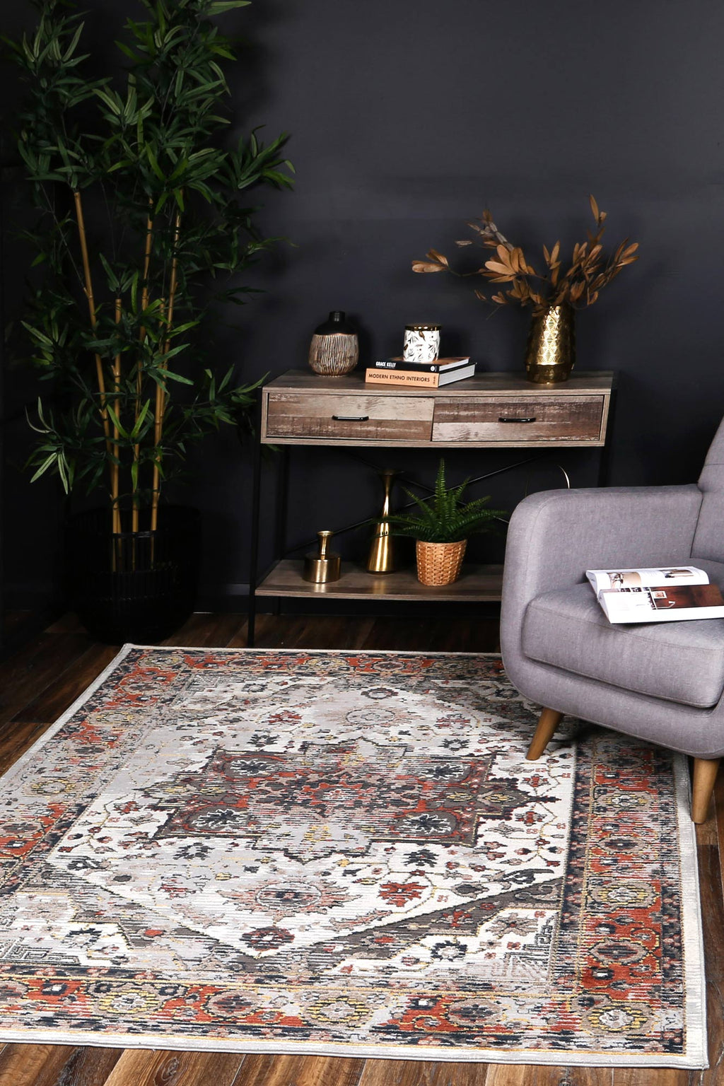Havana Nazareno Transitional Grey & Beige Rug -09 styled with furniture
