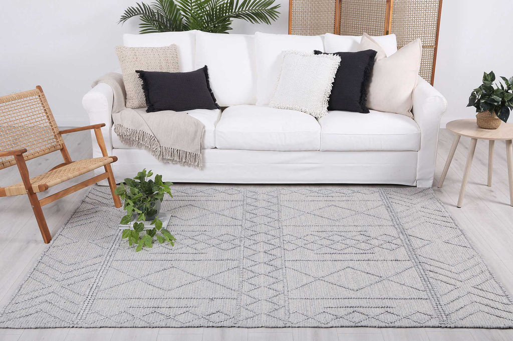 Himalaya Diamond Tribal Grey Wool Rug - 200 GREY styled with furniture
