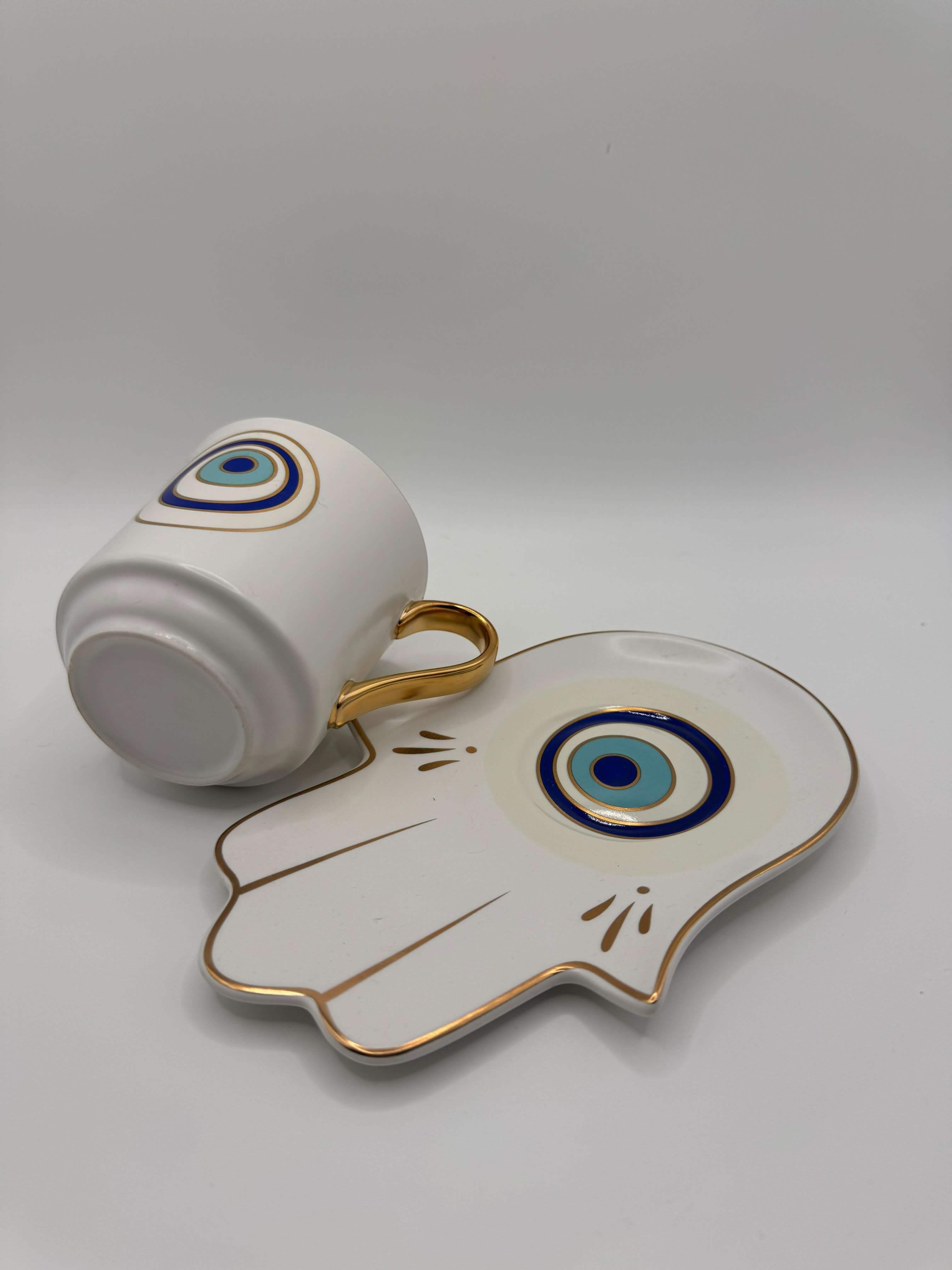 Hamsa Hand Evil Eye Mug with Tray – Turkish Coffee & Tea Cup with Golden Handle