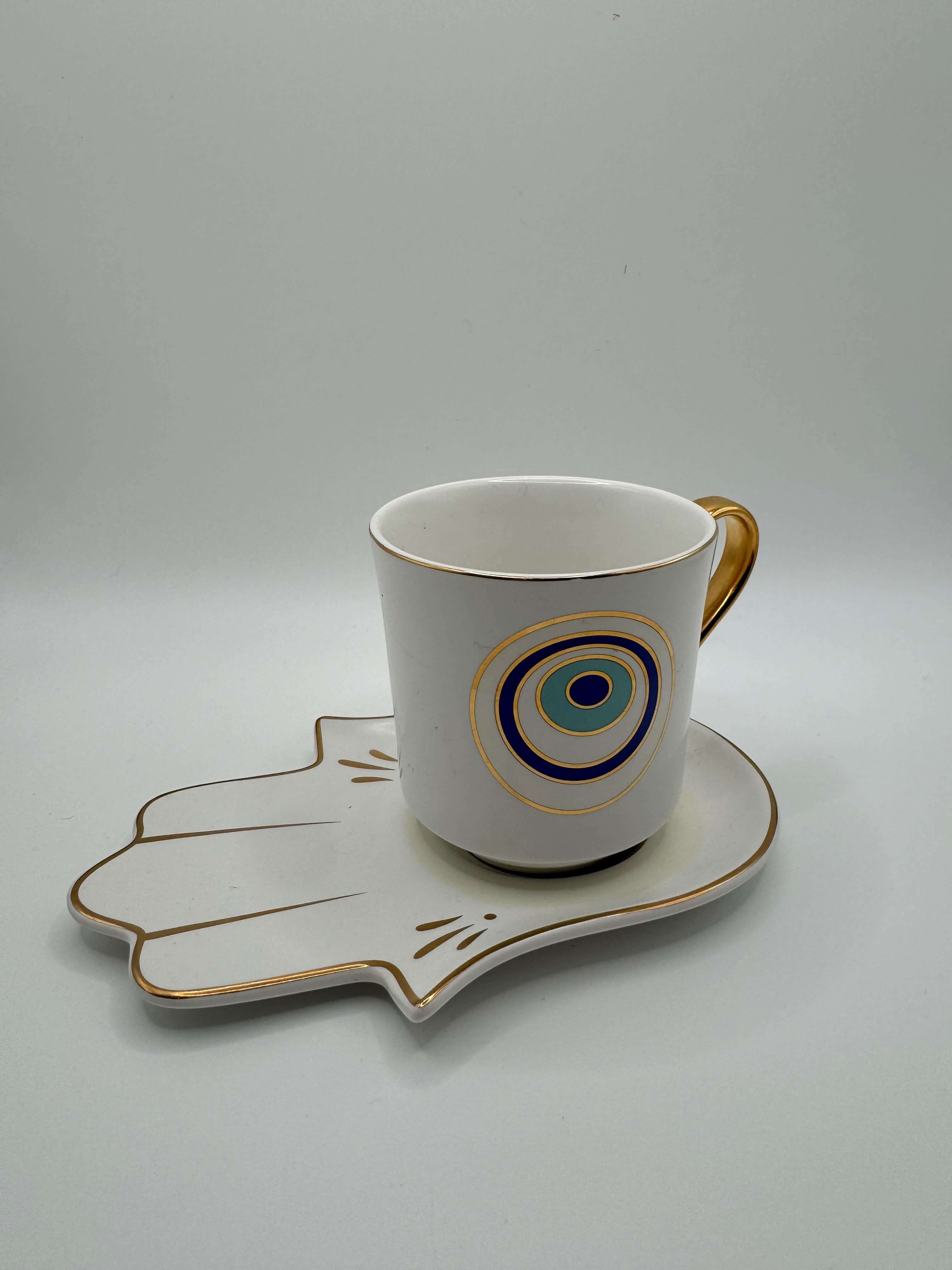 Hamsa Hand Evil Eye Mug with Tray – Turkish Coffee & Tea Cup with Golden Handle