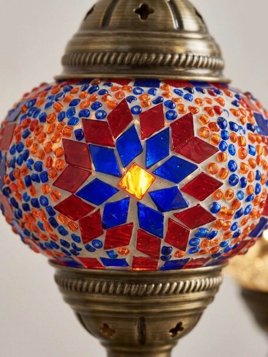 Handcrafted 3-globe Turkish mosaic lamp with vibrant red, blue, and orange geometric patterns.