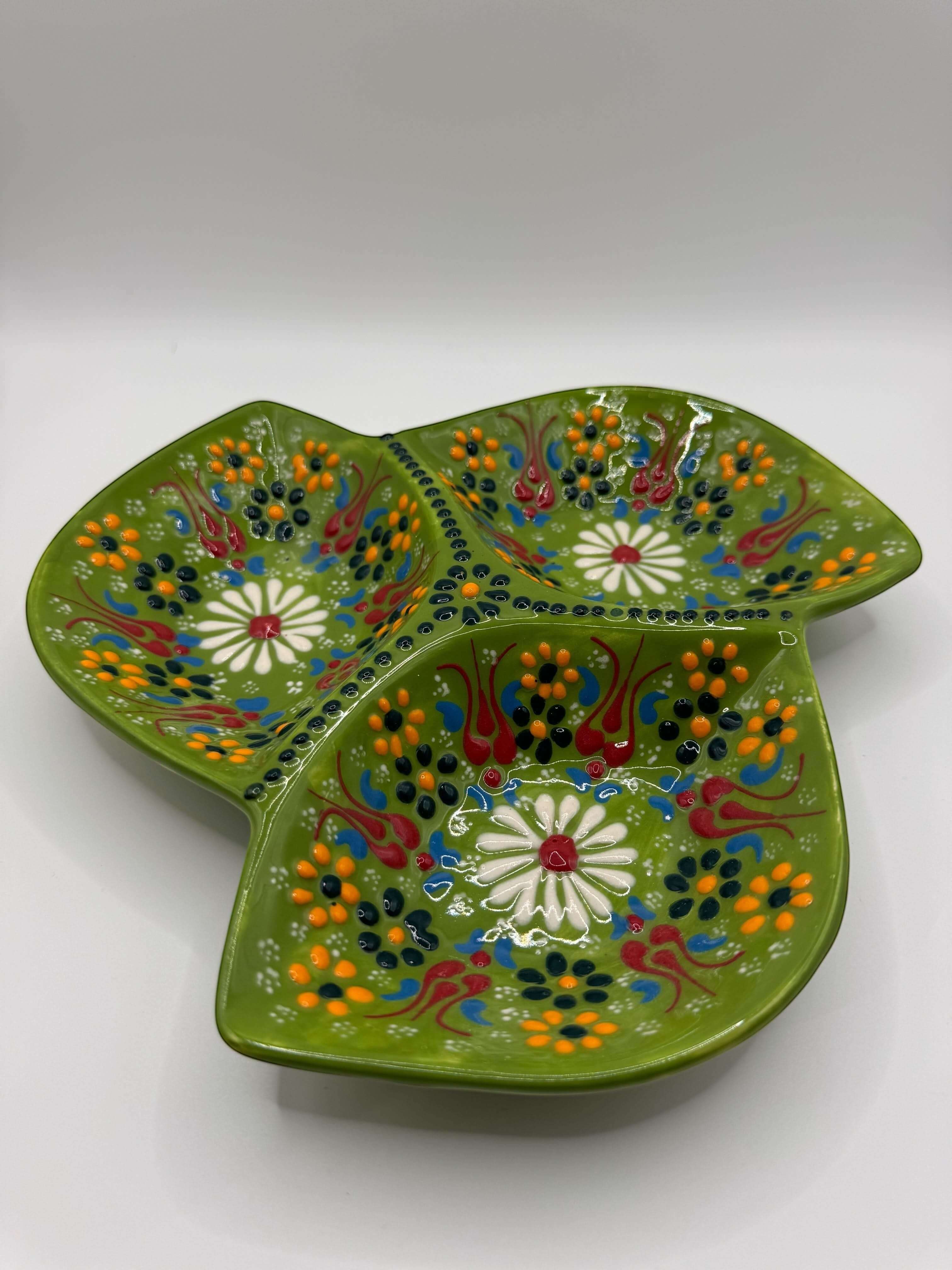 Handmade Turkish Ceramic 3-Section Serving Dish – Floral Appetizer & Snack Plate