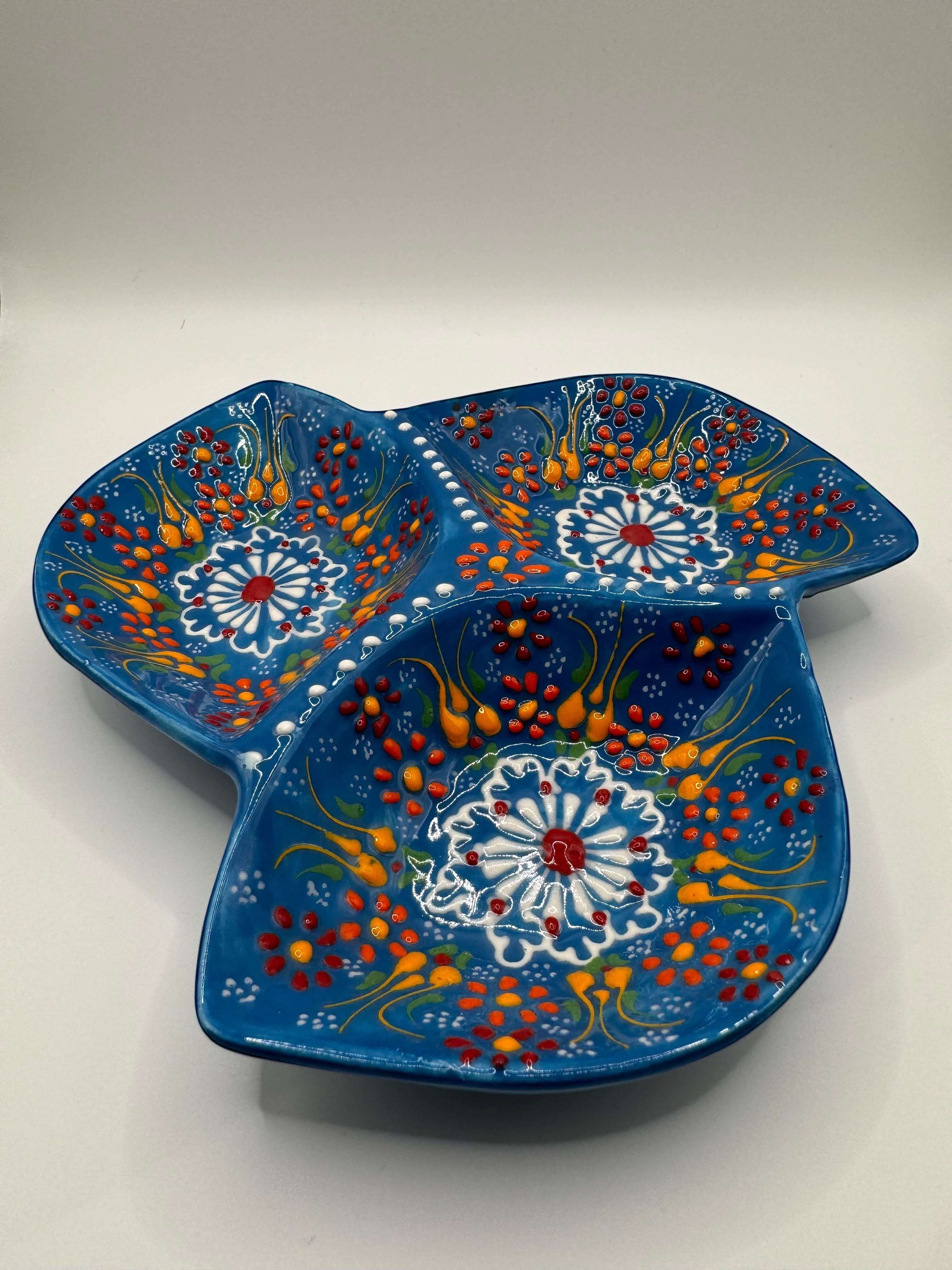 Handmade Turkish Ceramic 3-Section Serving Dish – Floral Appetizer & Snack Plate