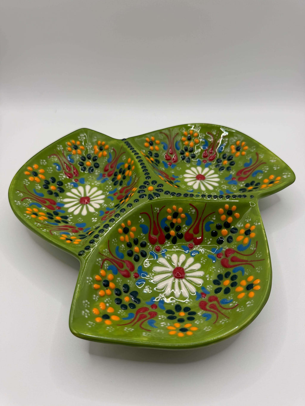 Handmade Turkish Ceramic 3-Section Serving Dish – Floral Appetizer & Snack Plate