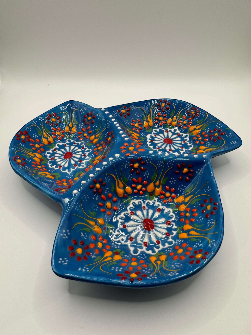Handmade Turkish Ceramic 3-Section Serving Dish – Floral Appetizer & Snack Plate